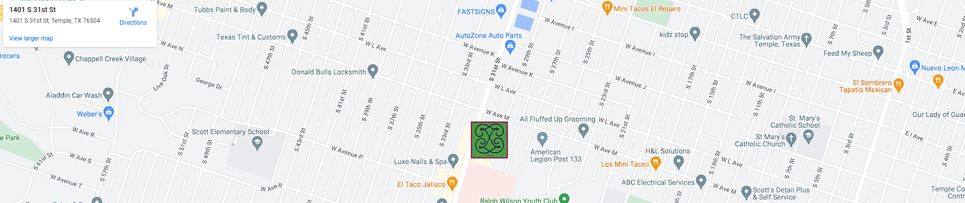 Map showing the location of Zootys Boutique in Temple, Texas